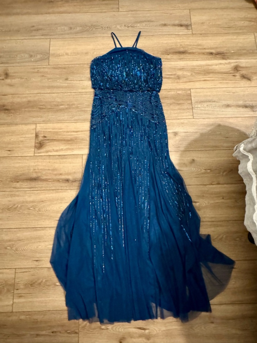 Adrianna Papell Navy Blue Halter Embellished Gown